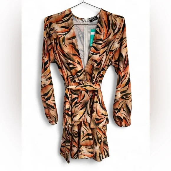 Zack London orange tiger print mini dress with tie waist and long sleeves. - Picture 3 of 6